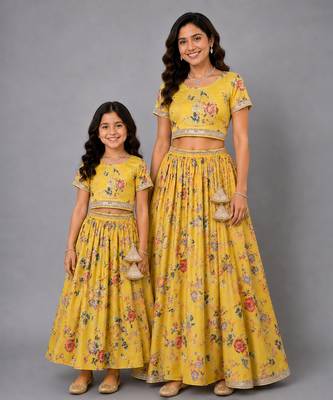 Mother daughter yellow floral printed lehenga set 1