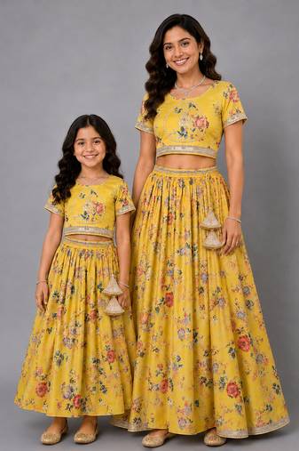 Mother daughter yellow floral printed lehenga set