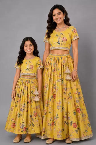Mother daughter yellow floral printed lehenga set