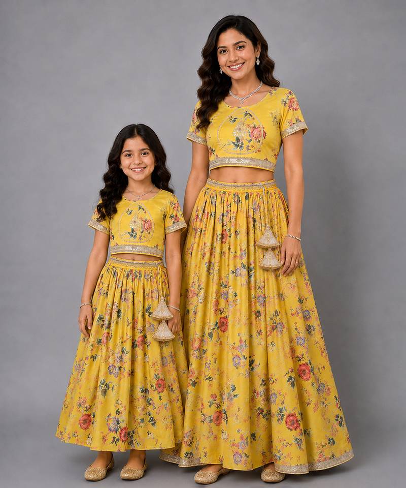 Mother daughter yellow floral printed lehenga set