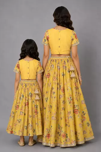 Mother daughter yellow floral printed lehenga set