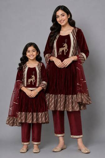 Mother daughter maroon velvet embroidered anarkali pant with net dupatta