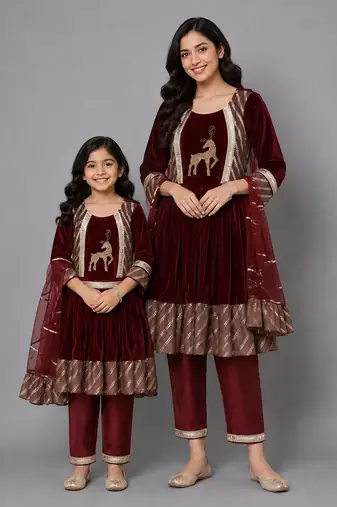 Mother daughter maroon velvet embroidered anarkali pant with net dupatta
