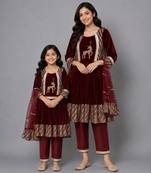 Mother daughter maroon velvet embroidered anarkali pant with net dupatta