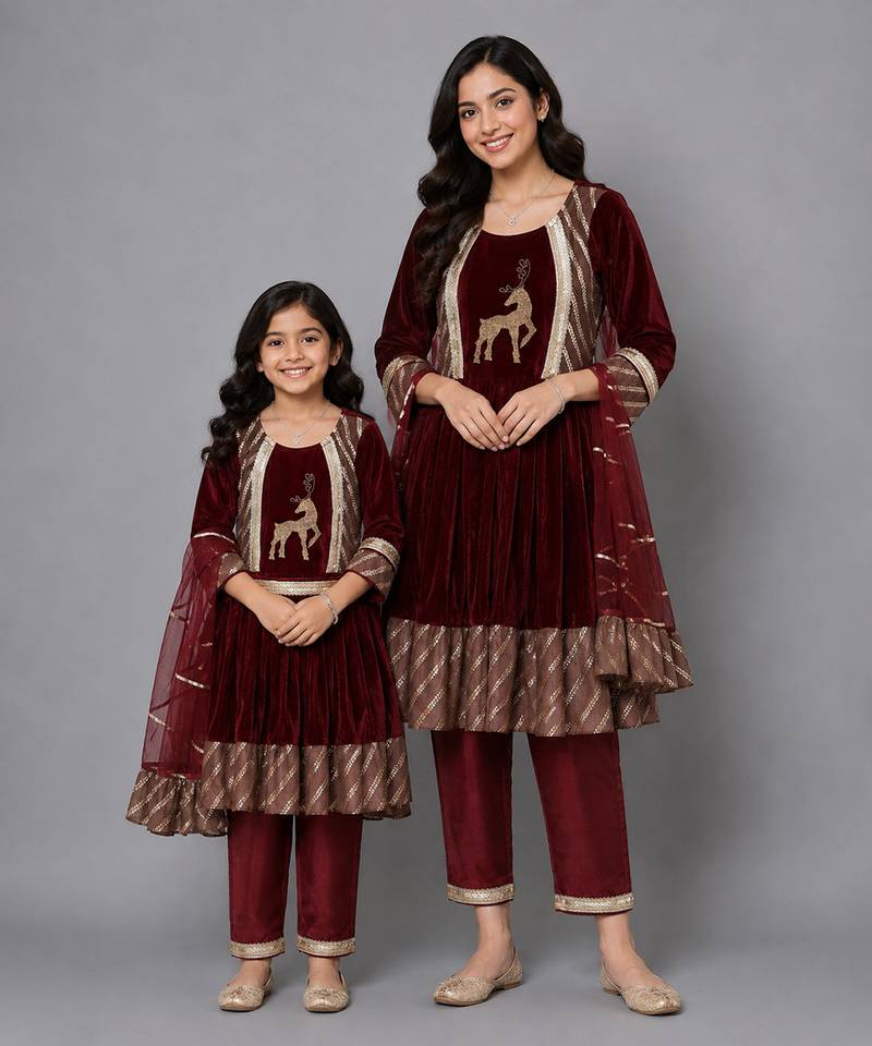Mother daughter maroon velvet embroidered anarkali pant with net dupatta