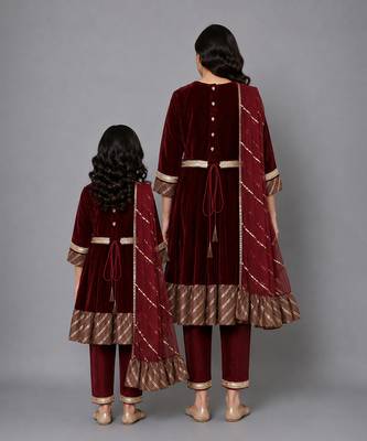 Mother daughter maroon velvet embroidered anarkali pant with net dupatta 2