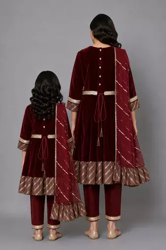 Mother daughter maroon velvet embroidered anarkali pant with net dupatta