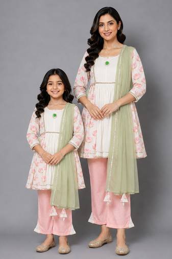 Mother daughter off white peach lotus print kurta set