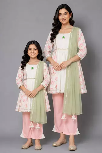 Mother daughter off white peach lotus print kurta set