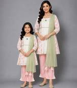 Mother daughter off white peach lotus print kurta set
