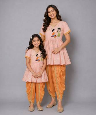 Mother daughter peach embroidered dhoti set 1