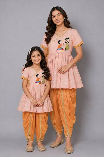 Mother daughter peach embroidered dhoti set