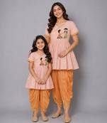 Mother daughter peach embroidered dhoti set