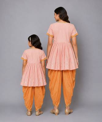 Mother daughter peach embroidered dhoti set 2
