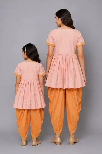 Mother daughter peach embroidered dhoti set