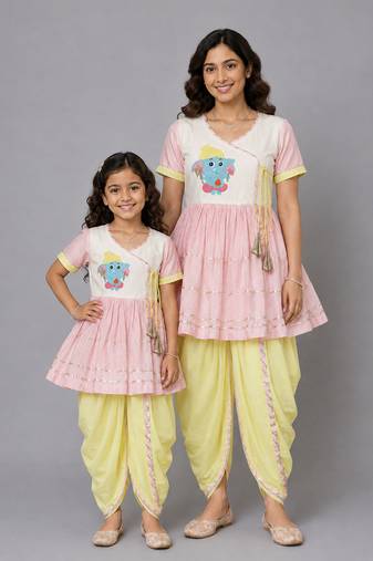 Mother daughter embroidered pink yellow dhoti set