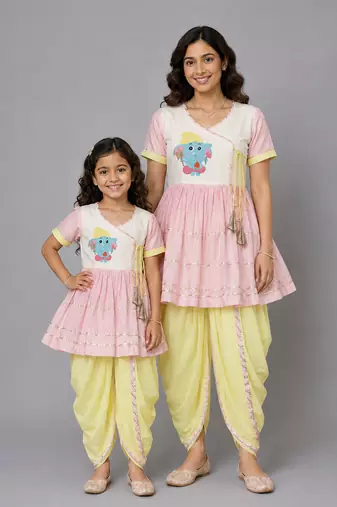 Mother daughter embroidered pink yellow dhoti set