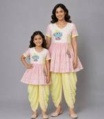 Mother daughter embroidered pink yellow dhoti set