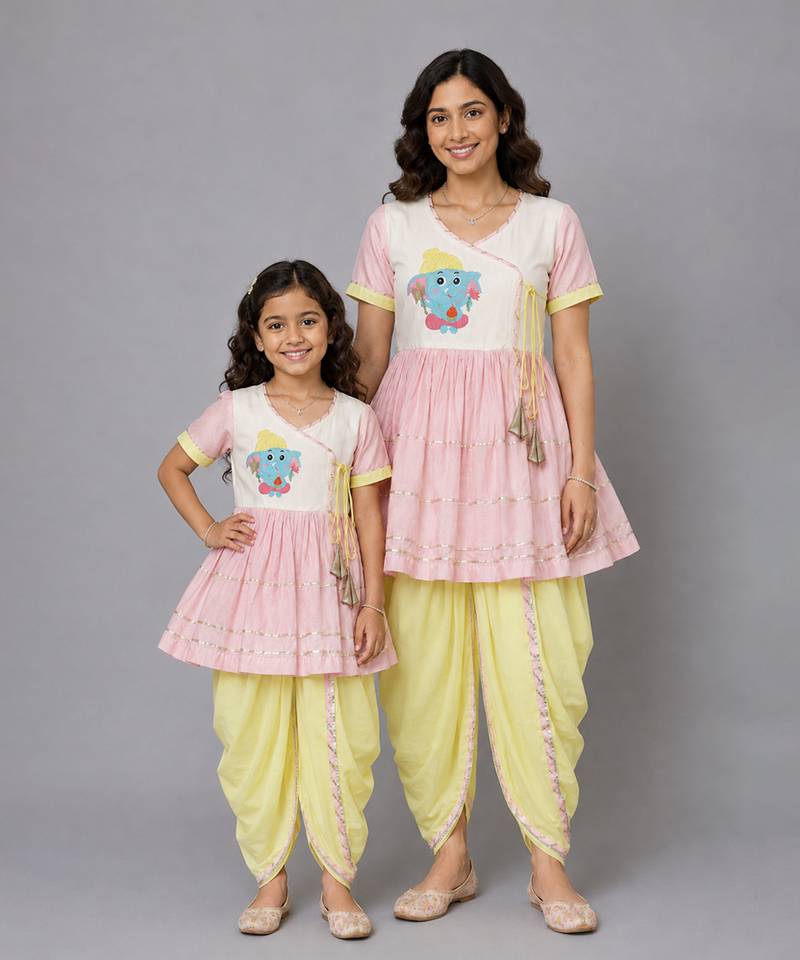 Mother daughter embroidered pink yellow dhoti set