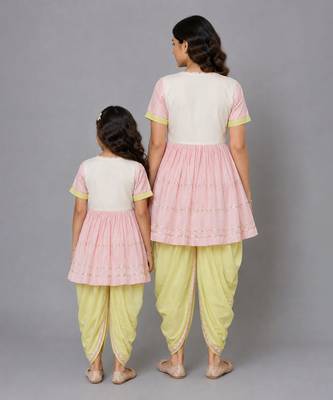 Mother daughter embroidered pink yellow dhoti set 2