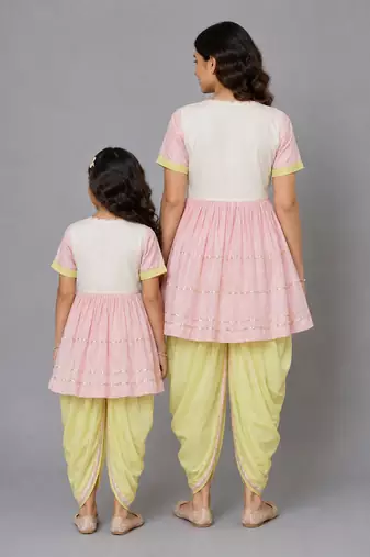 Mother daughter embroidered pink yellow dhoti set