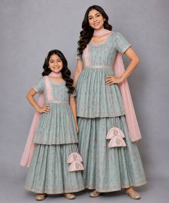 Mother daughter green lotus printed lehenga set 1