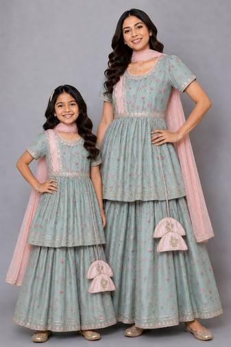 Mother daughter green lotus printed lehenga set