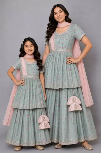 Mother daughter green lotus printed lehenga set