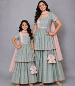 Mother daughter green lotus printed lehenga set