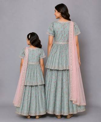 Mother daughter green lotus printed lehenga set 2