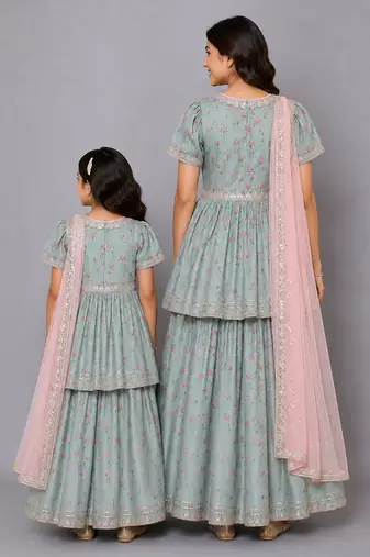 Mother daughter green lotus printed lehenga set
