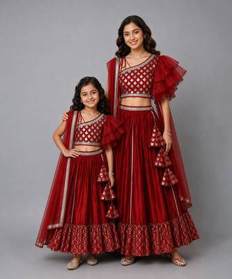 Mother daughter maroon chanderi off shoulder lehenga set 1