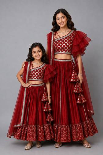 Mother daughter maroon chanderi off shoulder lehenga set
