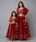 Mother daughter maroon chanderi off shoulder lehenga set