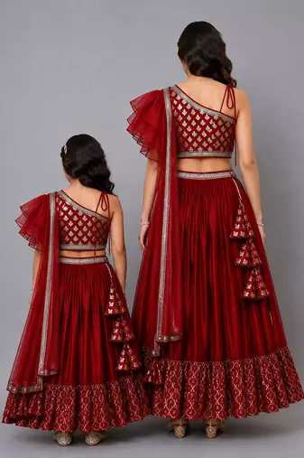 Mother daughter maroon chanderi off shoulder lehenga set