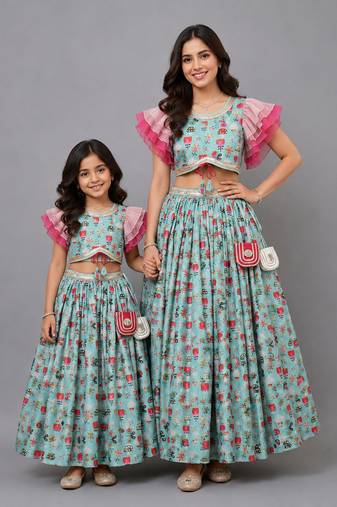 Mother daughter green bees printed lehenga set