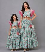 Mother daughter green bees printed lehenga set