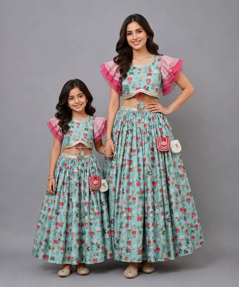 Mother daughter green bees printed lehenga set