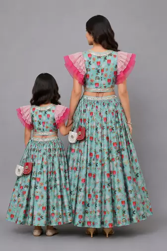 Mother daughter green bees printed lehenga set