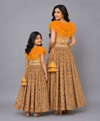 Mother daughter golden orange frill printed lehenga set 2