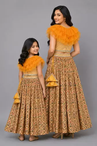 Mother daughter golden orange frill printed lehenga set