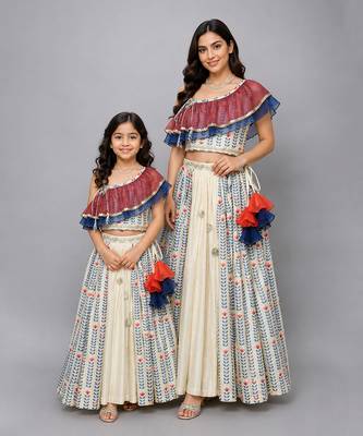 Mother daughter off white printed off shoulder ruffled blouse lehenga set 1