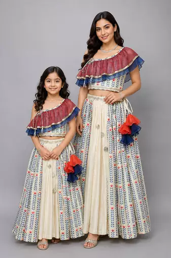 Mother daughter off white printed off shoulder ruffled blouse lehenga set