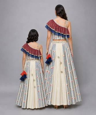 Mother daughter off white printed off shoulder ruffled blouse lehenga set 2