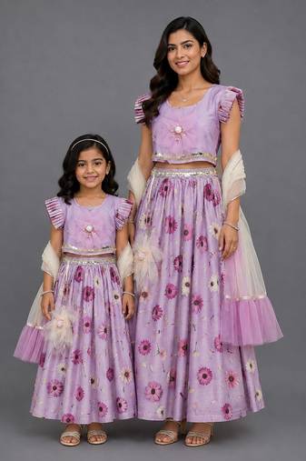 Mother daughter light purple flower lehenga set