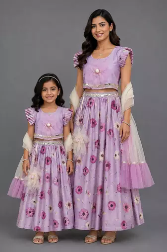Mother daughter light purple flower lehenga set
