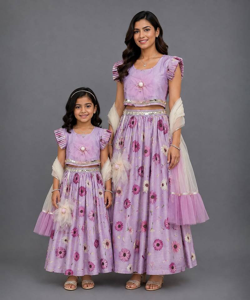 Mother daughter light purple flower lehenga set