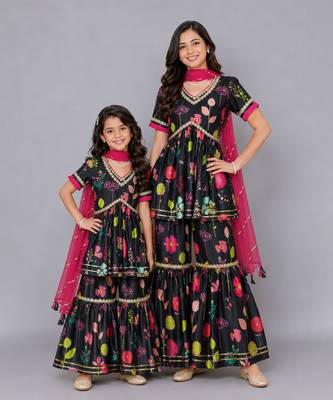 Mother daughter black print multicolor sharara set 1