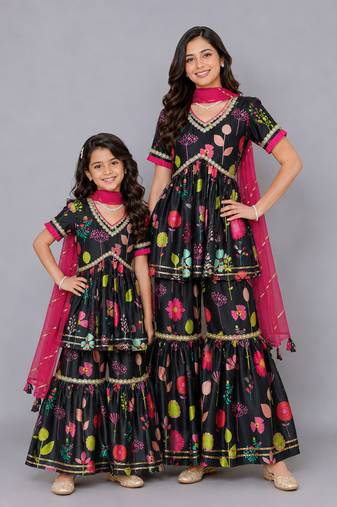 Mother daughter black print multicolor sharara set