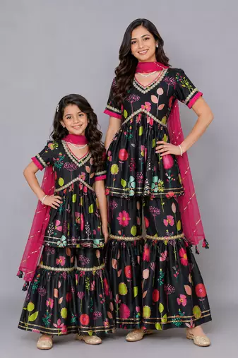 Mother daughter black print multicolor sharara set